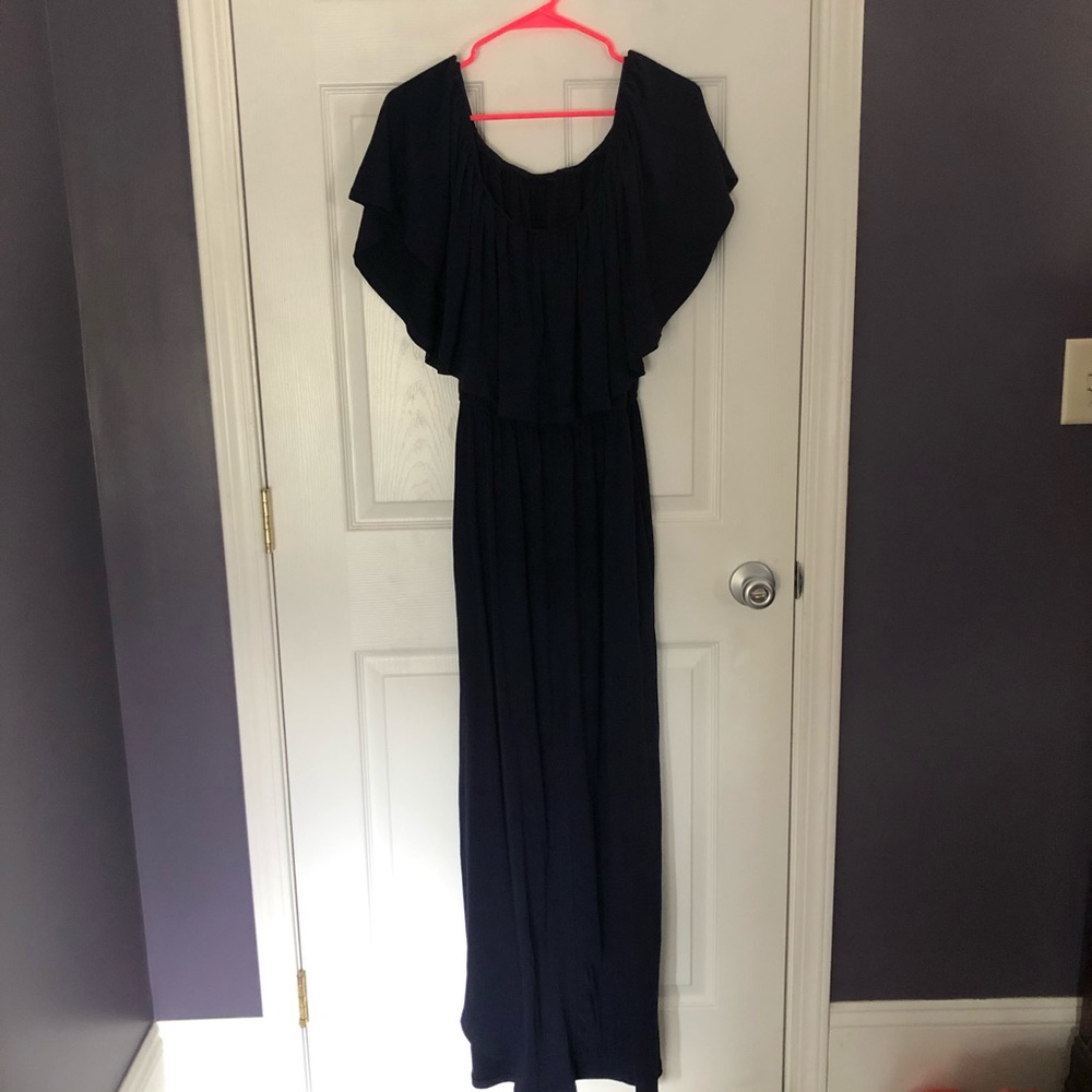 Navy off shoulder maxi dress with pockets OS
